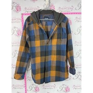 Kolby button up hooded Men's Blue & orange Plaid Hooded Shirt Jacket